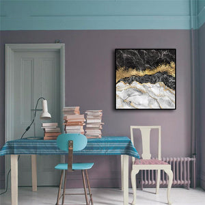 Pine Stretched  Framed 1 Panel - Abstract - Black Marble with Gold Foil and Glitter