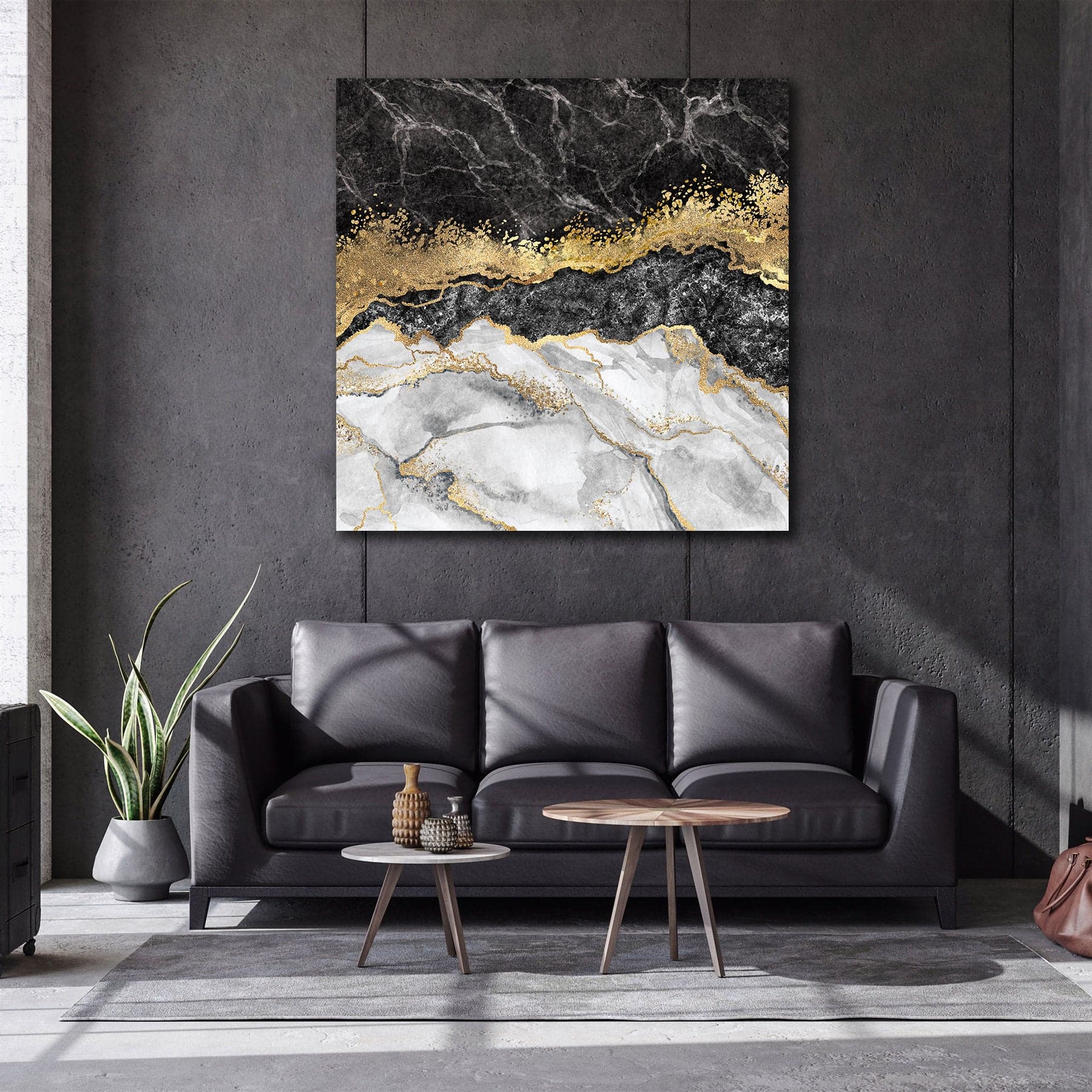 Pine Stretched  Framed 1 Panel - Abstract - Black Marble with Gold Foil and Glitter