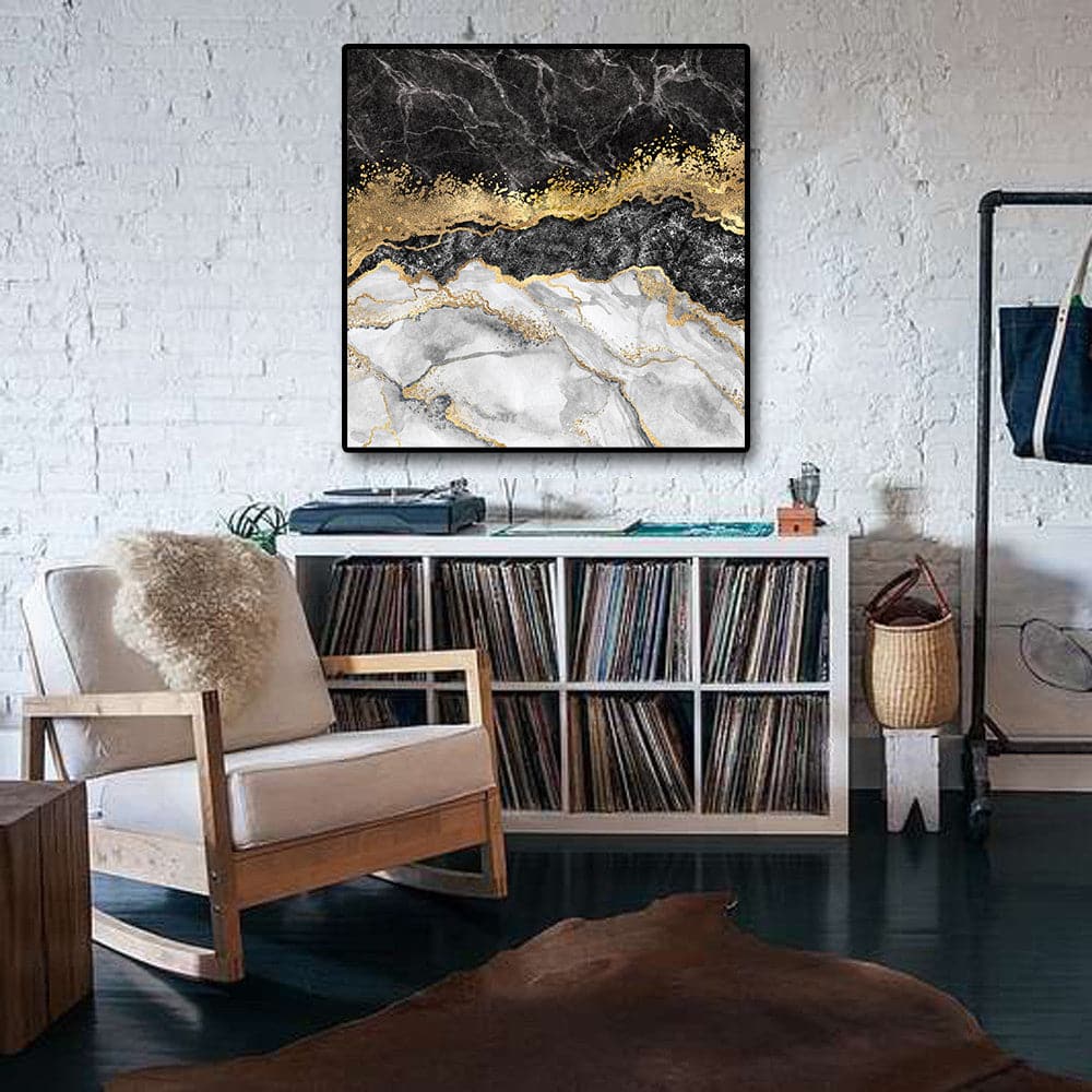 Pine Stretched  Framed 1 Panel - Abstract - Black Marble with Gold Foil and Glitter