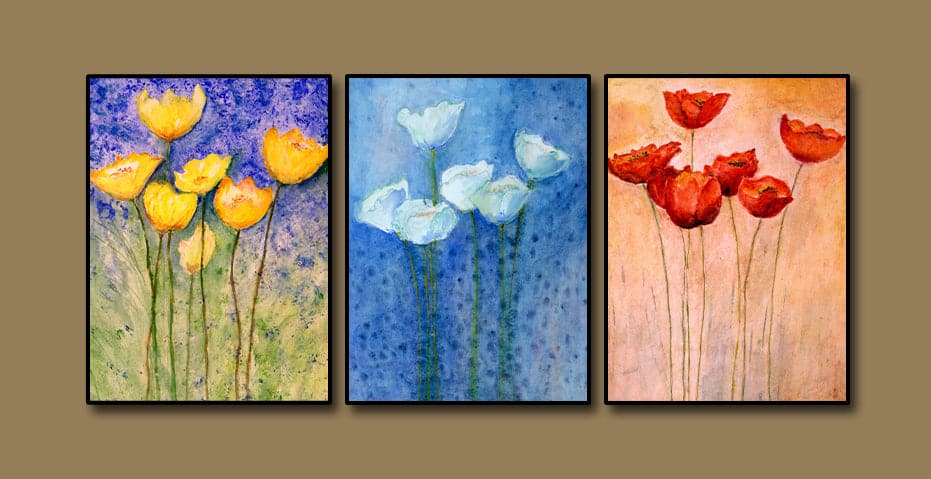 Pine Stretched  Framed 3 Panels - Tulips