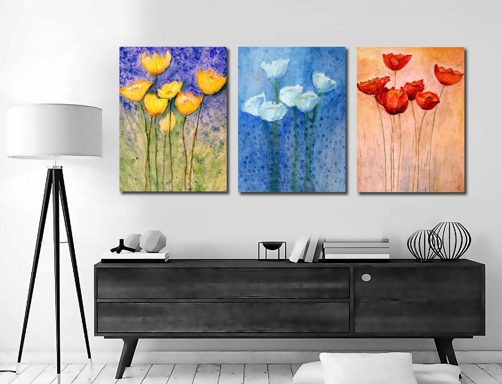 Pine Stretched  Framed 3 Panels - Tulips