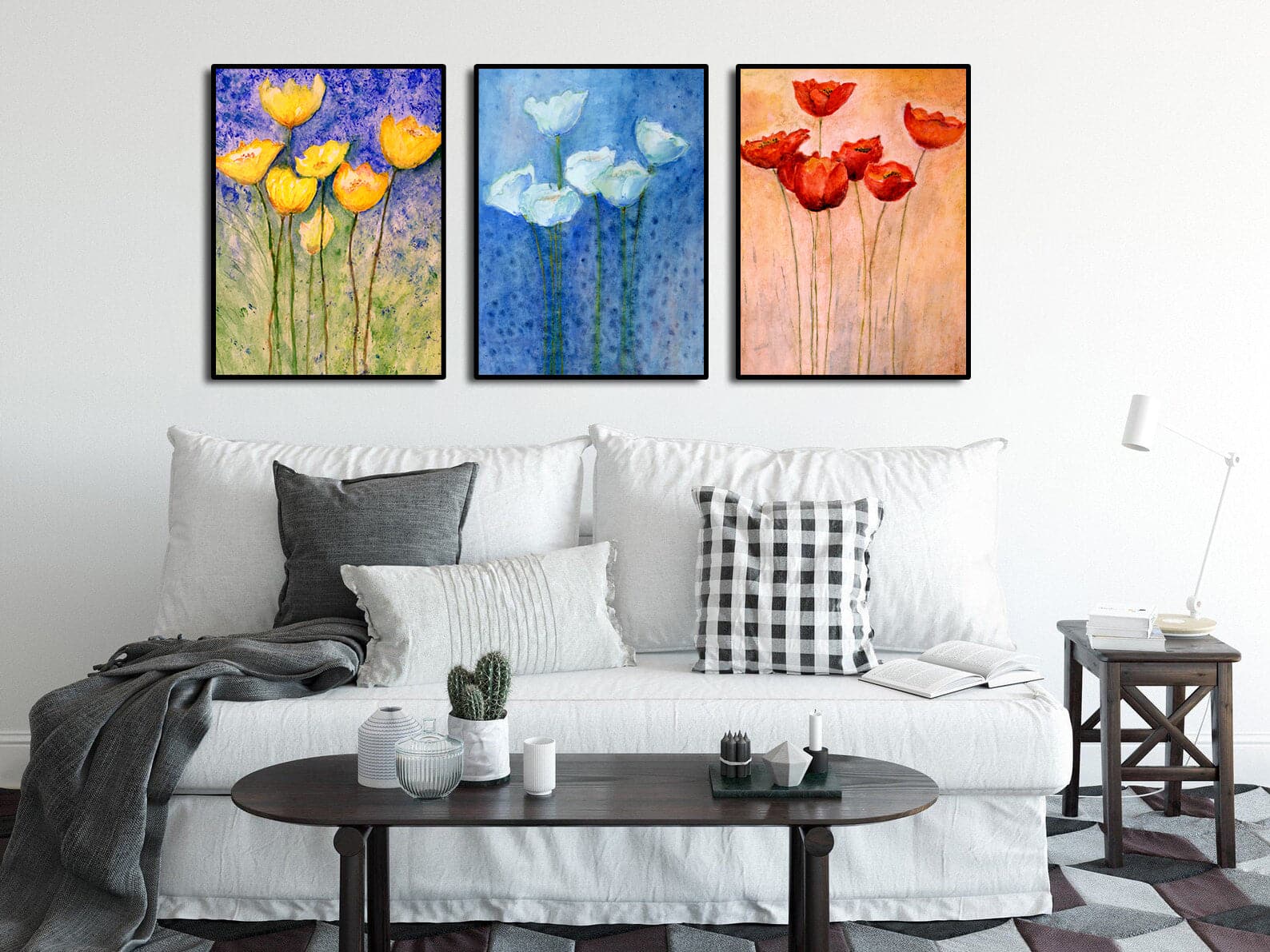 Pine Stretched  Framed 3 Panels - Tulips