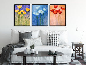 Pine Stretched  Framed 3 Panels - Tulips