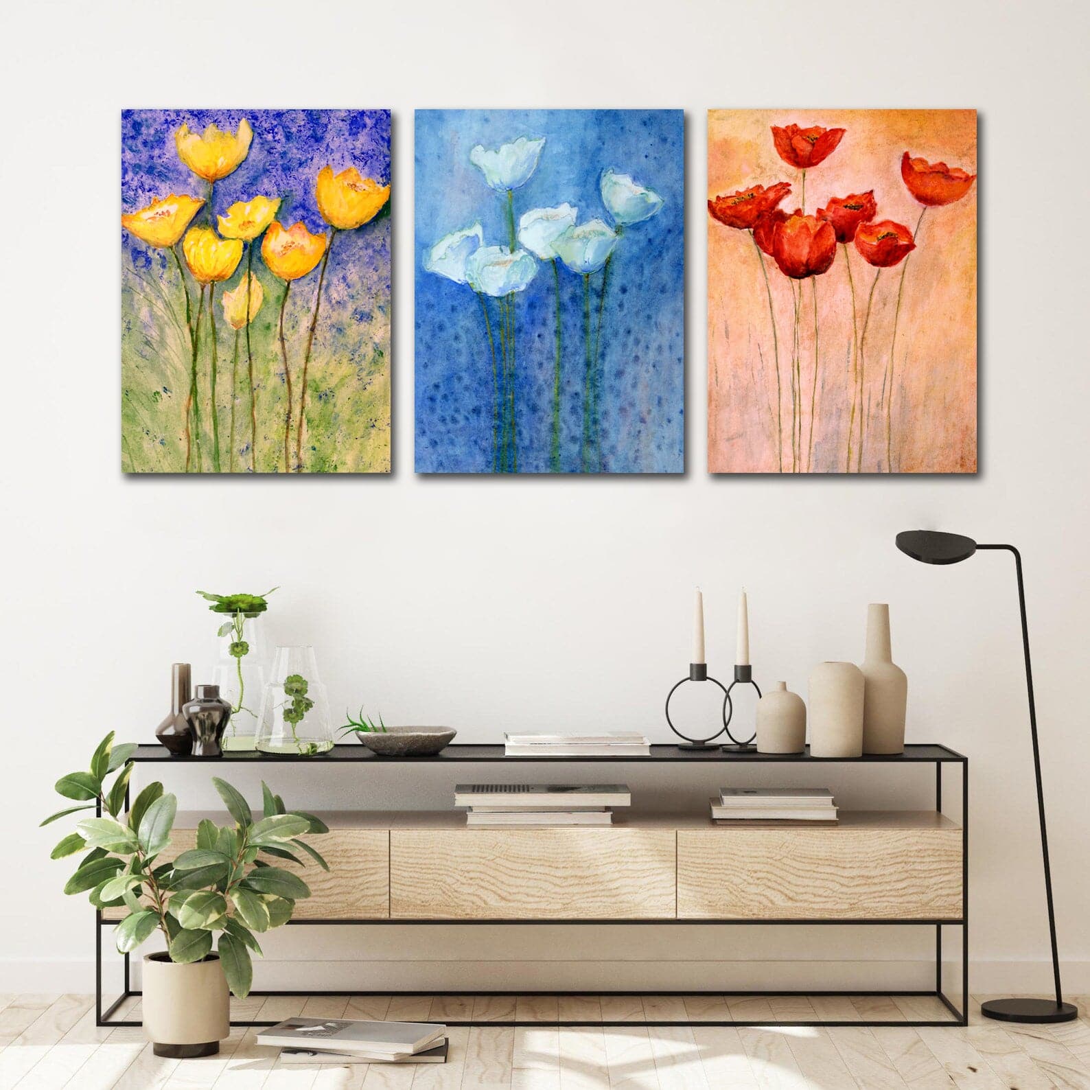 Pine Stretched  Framed 3 Panels - Tulips
