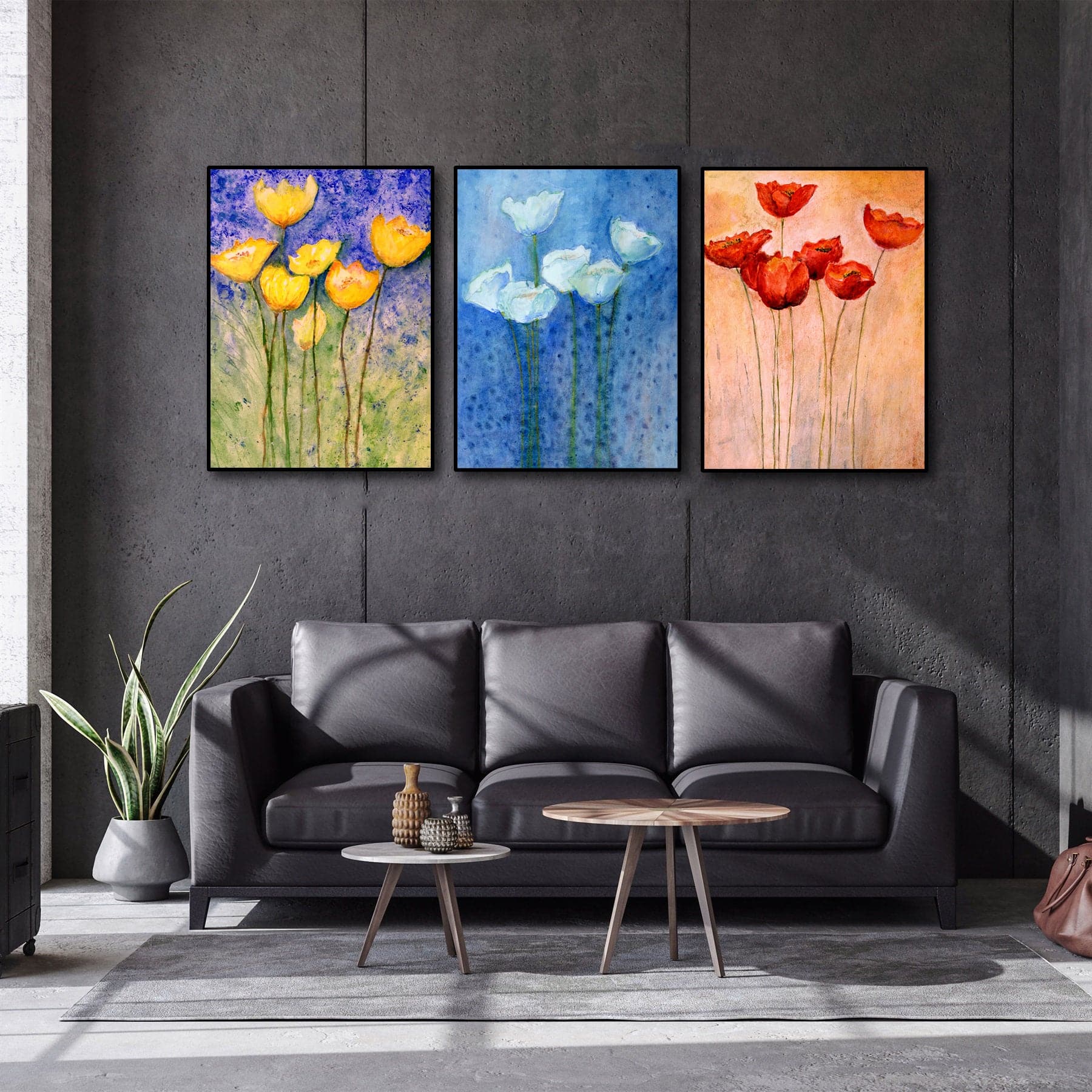 Pine Stretched  Framed 3 Panels - Tulips
