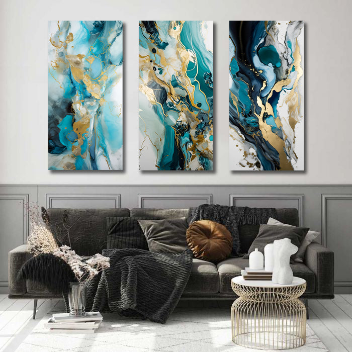 Modern Abstract Canvas Wall Art Print Poster | Home Decor | Stretched 3 Panels - Luxury Abstract Marble Art
