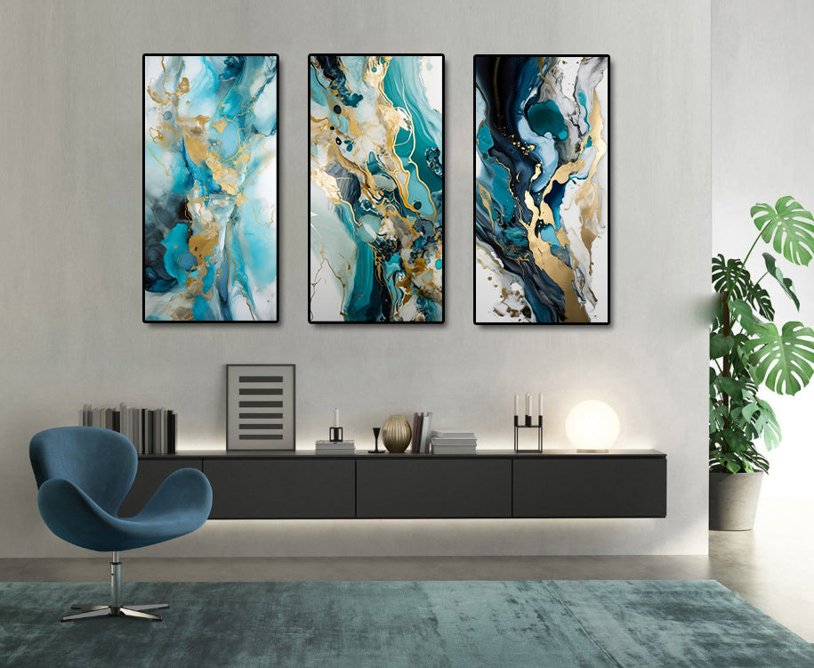 Modern Abstract Canvas Wall Art Print Poster | Home Decor | Stretched 3 Panels - Luxury Abstract Marble Art