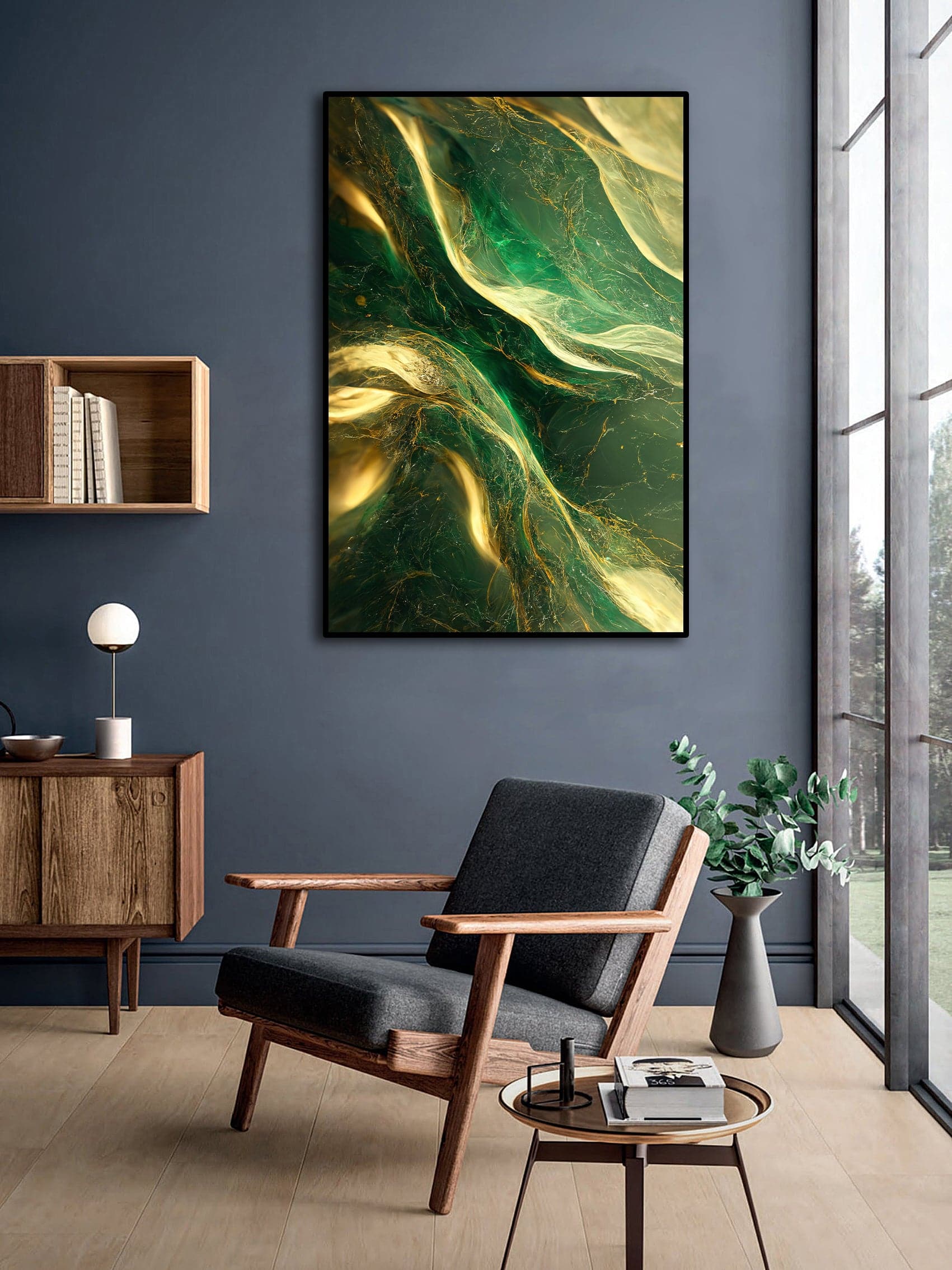 Framed 1 Panel - Abstract - Green and Gold Marble Texture