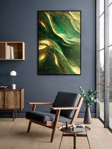 Framed 1 Panel - Abstract - Green and Gold Marble Texture