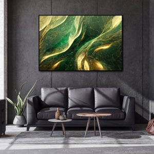 Framed 1 Panel - Abstract - Green and Gold Marble Texture