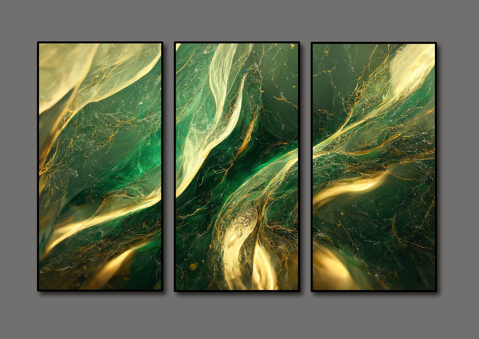 Framed 3 Panels  - Abstract - Green and Gold Marble Texture