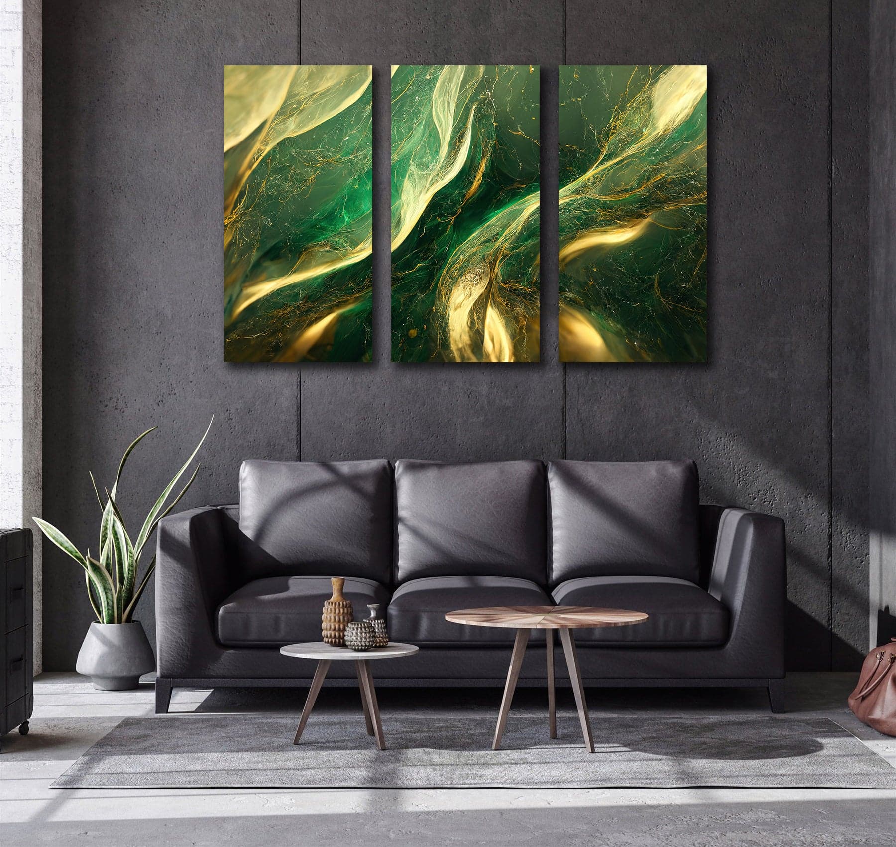 Framed 3 Panels  - Abstract - Green and Gold Marble Texture
