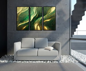 Framed 3 Panels  - Abstract - Green and Gold Marble Texture