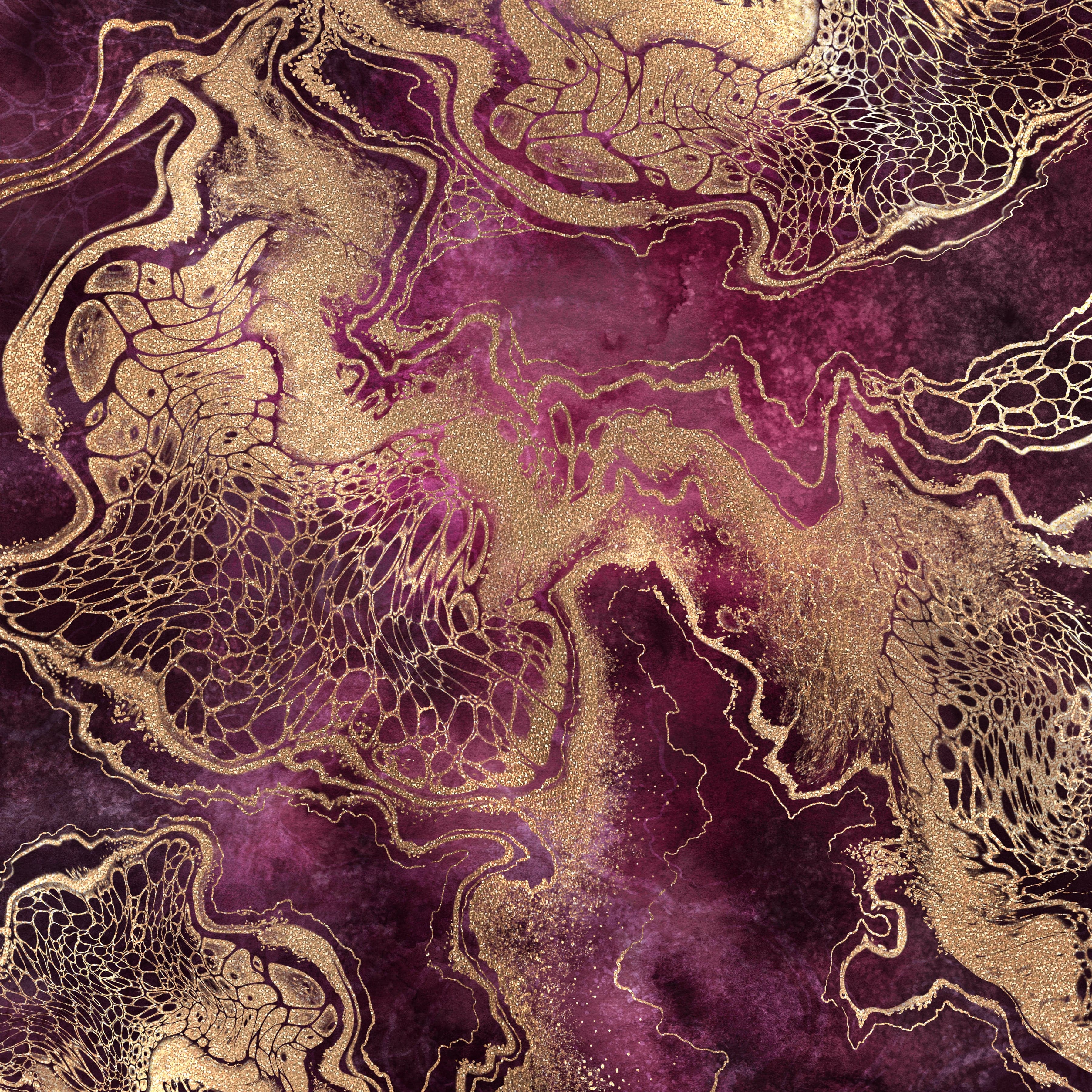 Framed 1 Panel - Abstract - Pink Black Watercolor Texture with Gold Veins,