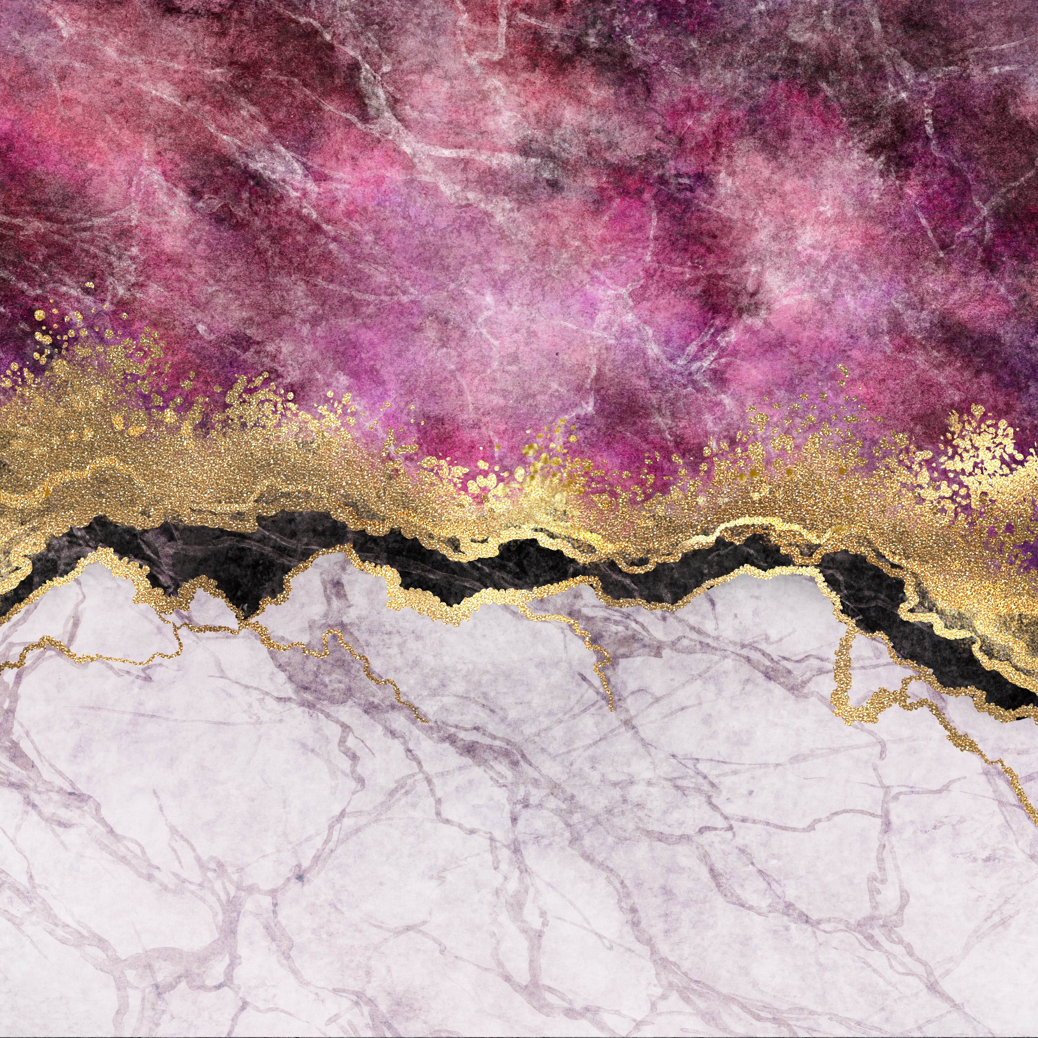Framed 1 Panel - Abstract - Pink Marble with Veins Stone Texture, Gold Foil and Glitter
