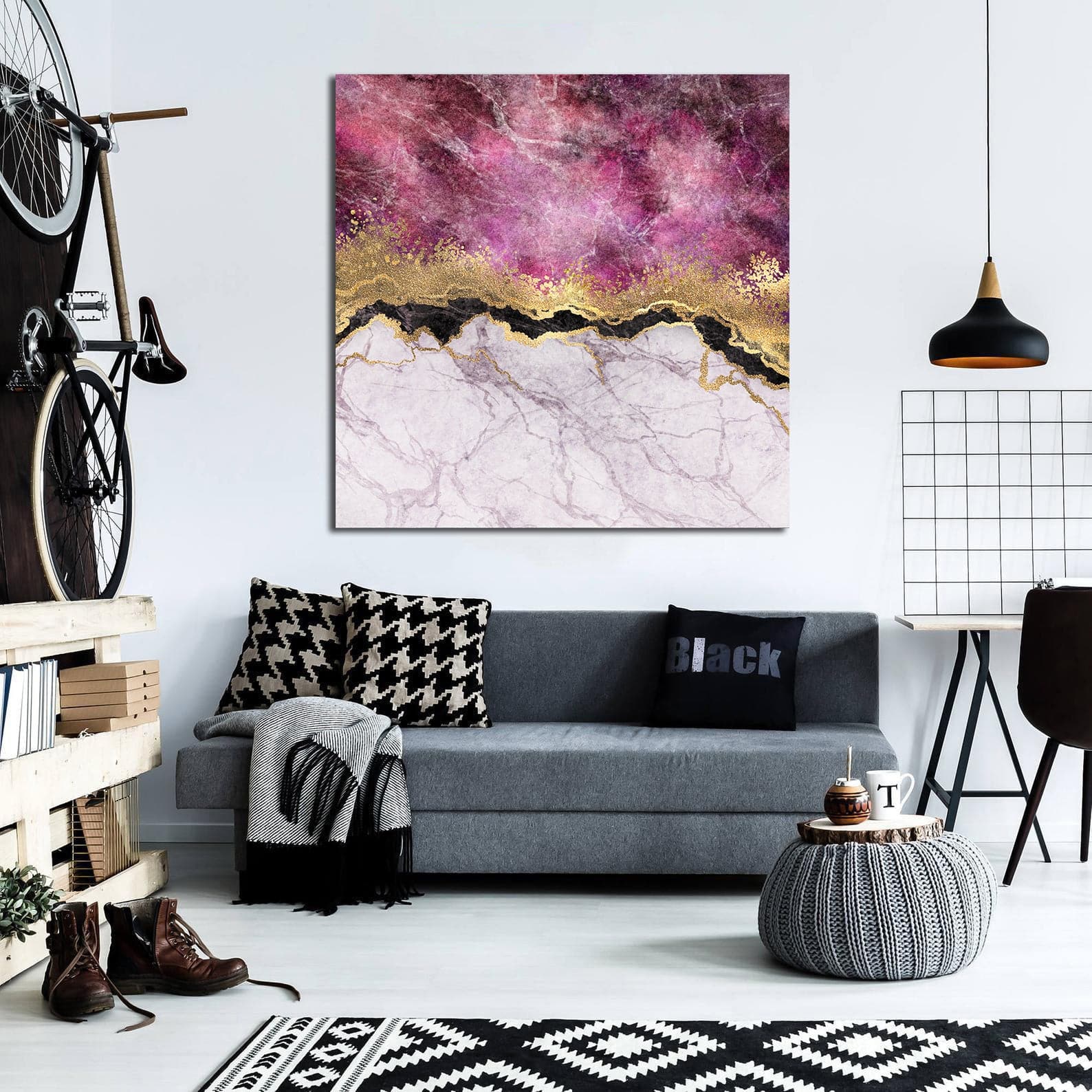Framed 1 Panel - Abstract - Pink Marble with Veins Stone Texture, Gold Foil and Glitter
