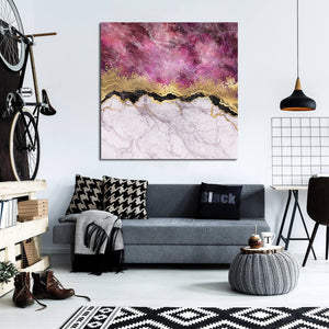 Framed 1 Panel - Abstract - Pink Marble with Veins Stone Texture, Gold Foil and Glitter