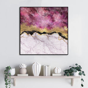 Framed 1 Panel - Abstract - Pink Marble with Veins Stone Texture, Gold Foil and Glitter