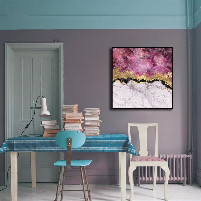Framed 1 Panel - Abstract - Pink Marble with Veins Stone Texture, Gold Foil and Glitter