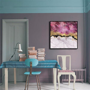 Framed 1 Panel - Abstract - Pink Marble with Veins Stone Texture, Gold Foil and Glitter