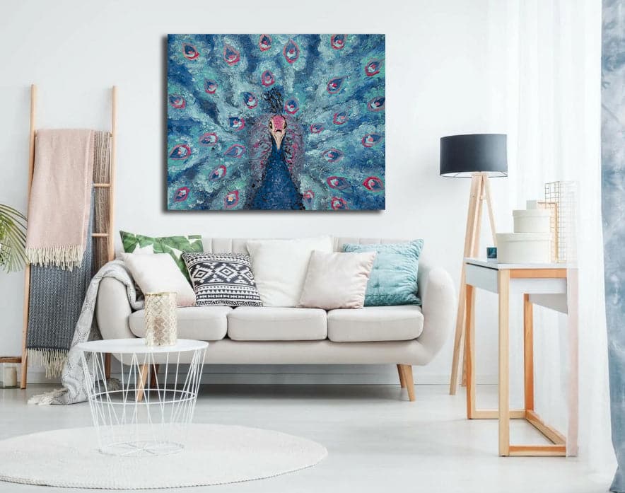 Pine Stretched  Framed 1 Panel - Portrait of a Blue and Pink Peacock