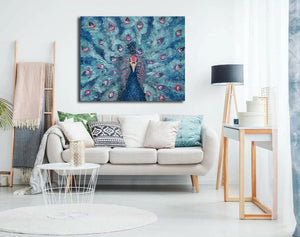 Pine Stretched  Framed 1 Panel - Portrait of a Blue and Pink Peacock