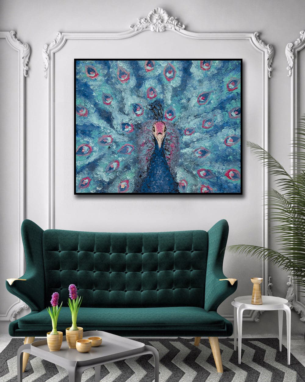 Pine Stretched  Framed 1 Panel - Portrait of a Blue and Pink Peacock