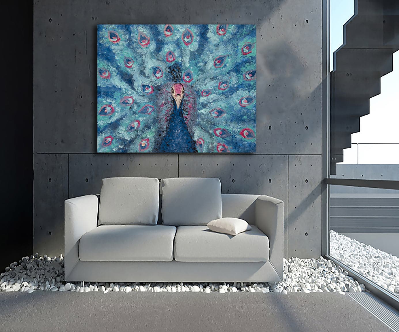 Pine Stretched  Framed 1 Panel - Portrait of a Blue and Pink Peacock