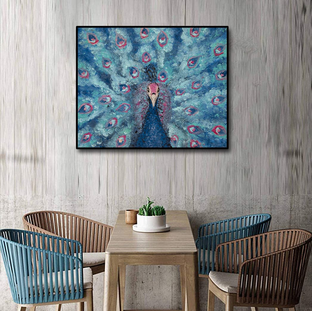 Pine Stretched  Framed 1 Panel - Portrait of a Blue and Pink Peacock