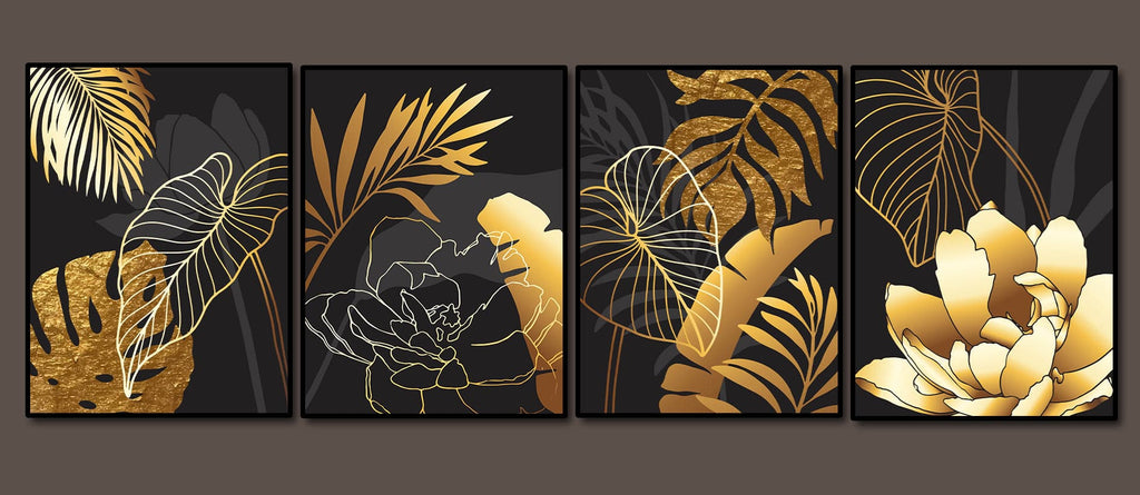 Framed 4 Panels - Luxury Botanical Art Tropical Leaves