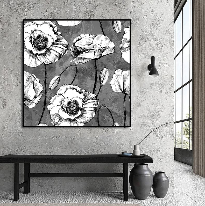 Framed 1 Panel - Seamless Pattern black & White Poppies