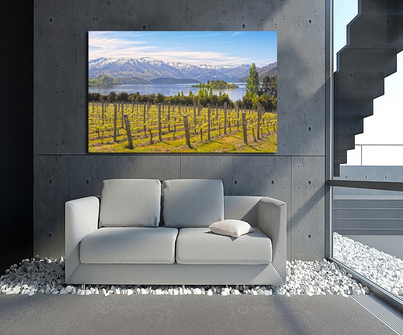 Pine Stretched  Framed 1 Panel - Vineyard on The Lake - New Zealand