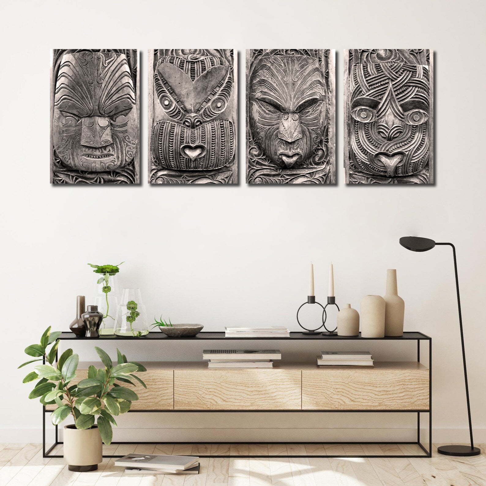 Pine Stretched  Framed 4 Panels - Maori Art