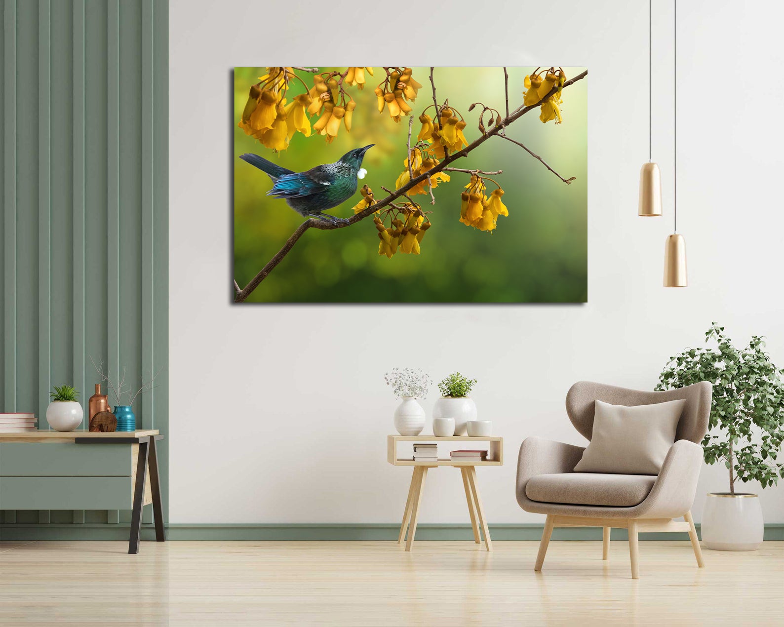Framed 1 Panel - Tui with Kowhai Tree Flower
