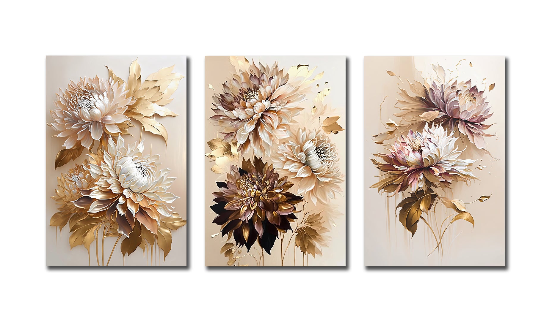 Pine Stretched  Framed 3 Panels - Golden Chrysanthemum