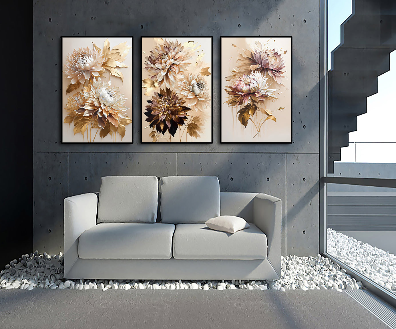 Pine Stretched  Framed 3 Panels - Golden Chrysanthemum