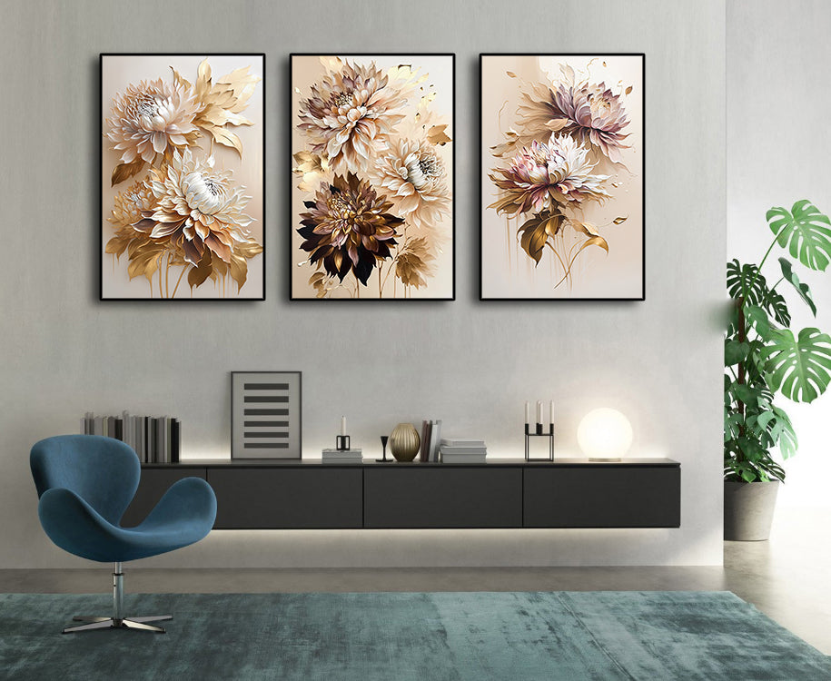 Pine Stretched  Framed 3 Panels - Golden Chrysanthemum