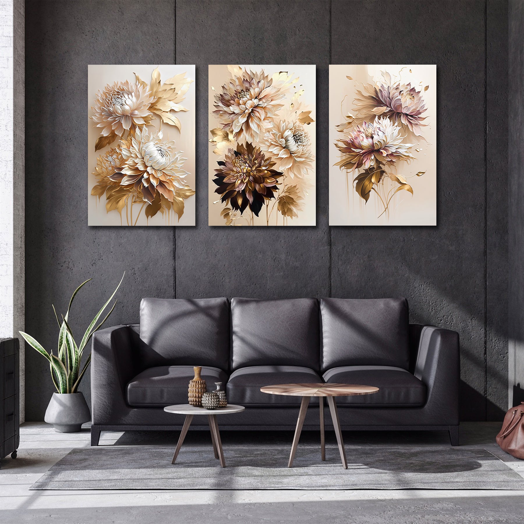Pine Stretched  Framed 3 Panels - Golden Chrysanthemum