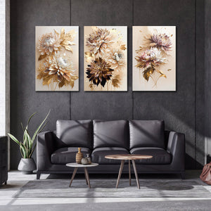 Pine Stretched  Framed 3 Panels - Golden Chrysanthemum