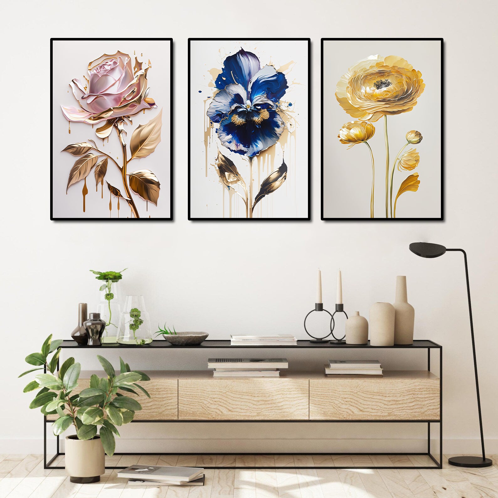 Pine Stretched  Framed 3 Panels - Flowers