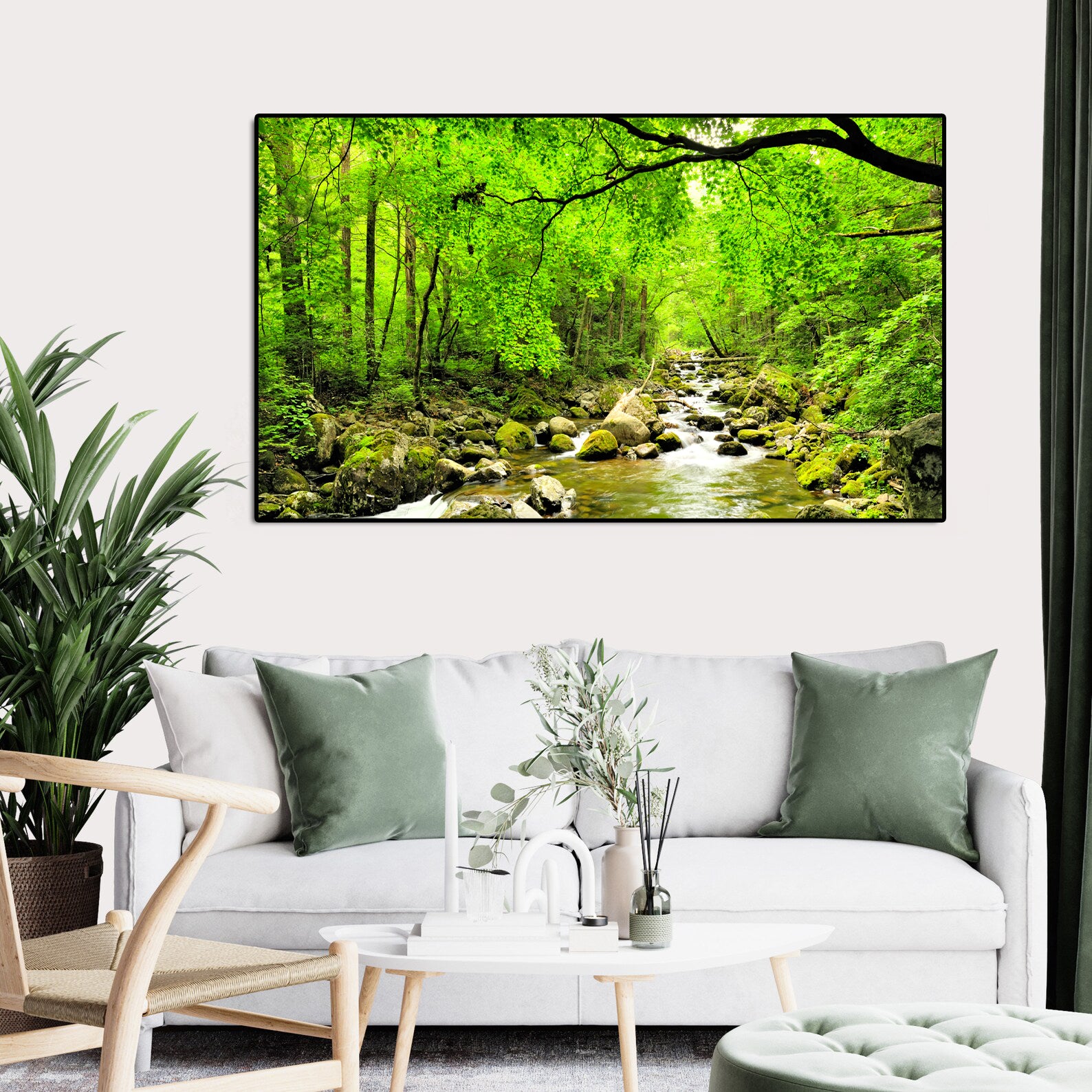 Modern Landscape Canvas Wall Art Print Poster | Home Decor | Stretched 1 Panel - Green