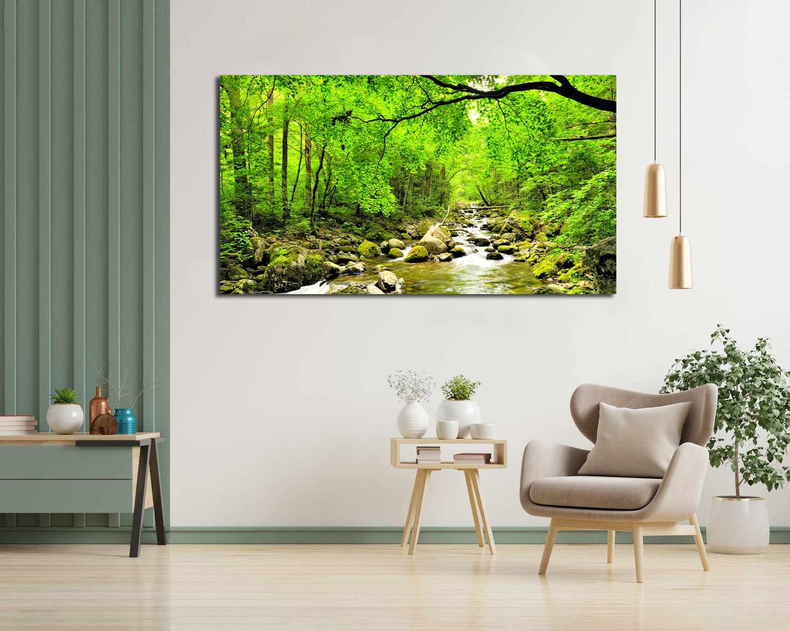 Modern Landscape Canvas Wall Art Print Poster | Home Decor | Stretched 1 Panel - Green