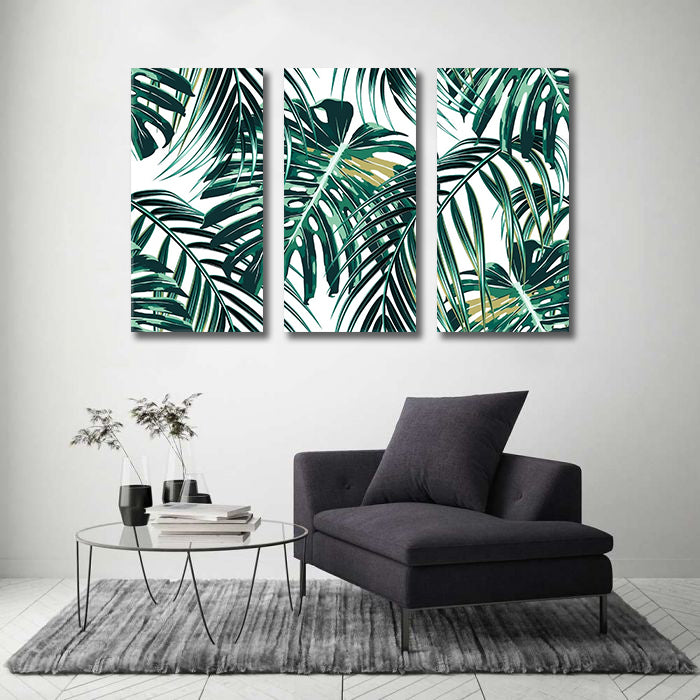 Modern Botanical Canvas Wall Art Print Poster | Home Decor | Stretched 3 Panels - Leaf