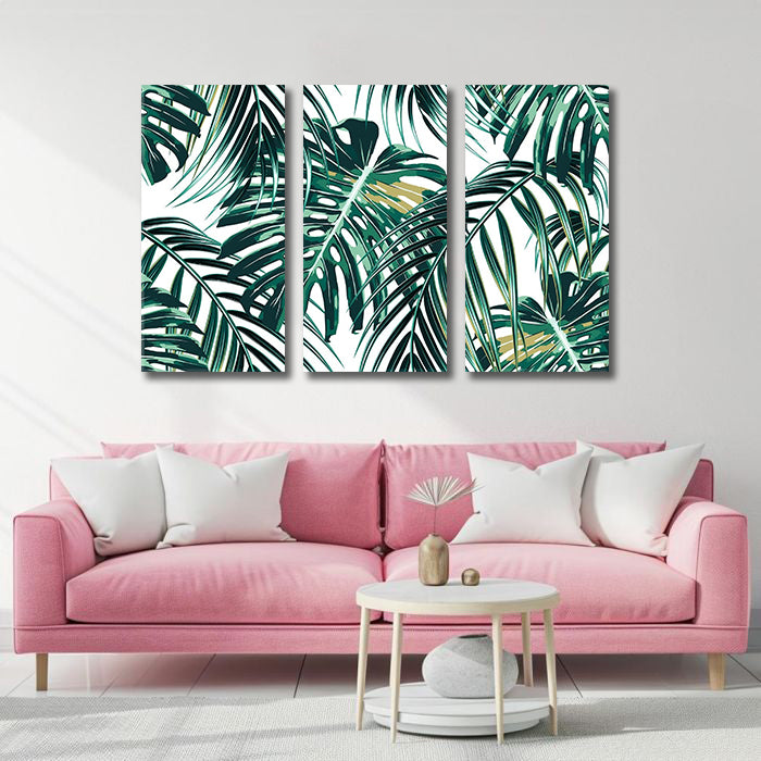 Modern Botanical Canvas Wall Art Print Poster | Home Decor | Stretched 3 Panels - Leaf