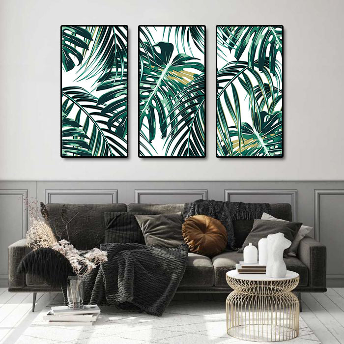Modern Botanical Canvas Wall Art Print Poster | Home Decor | Stretched 3 Panels - Leaf