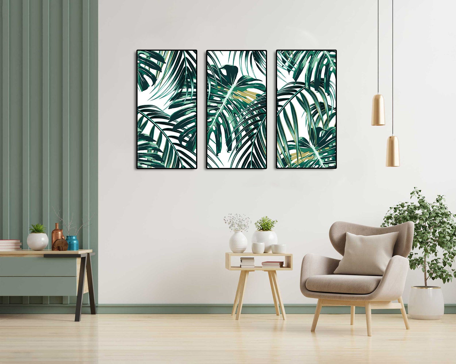 Modern Botanical Canvas Wall Art Print Poster | Home Decor | Stretched 3 Panels - Leaf