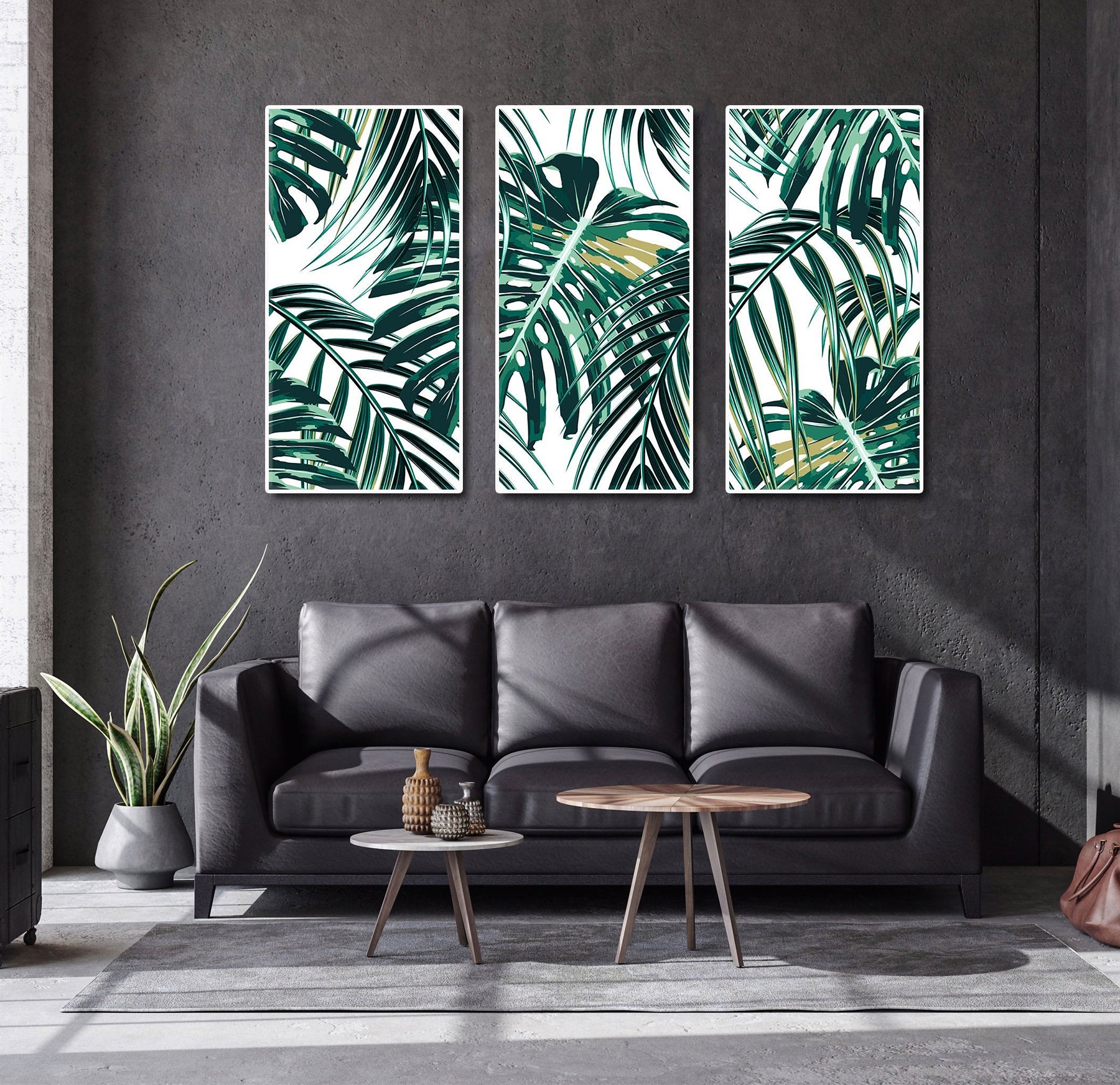 Modern Botanical Canvas Wall Art Print Poster | Home Decor | Stretched 3 Panels - Leaf