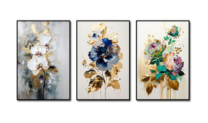 Pine Stretched  Framed 3 Panels - Orchids & Pansy Flower & Rose