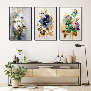 Pine Stretched  Framed 3 Panels - Orchids & Pansy Flower & Rose