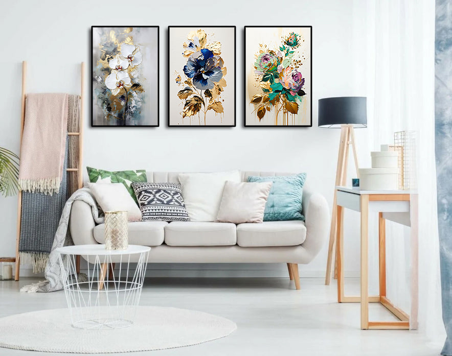 Pine Stretched  Framed 3 Panels - Orchids & Pansy Flower & Rose